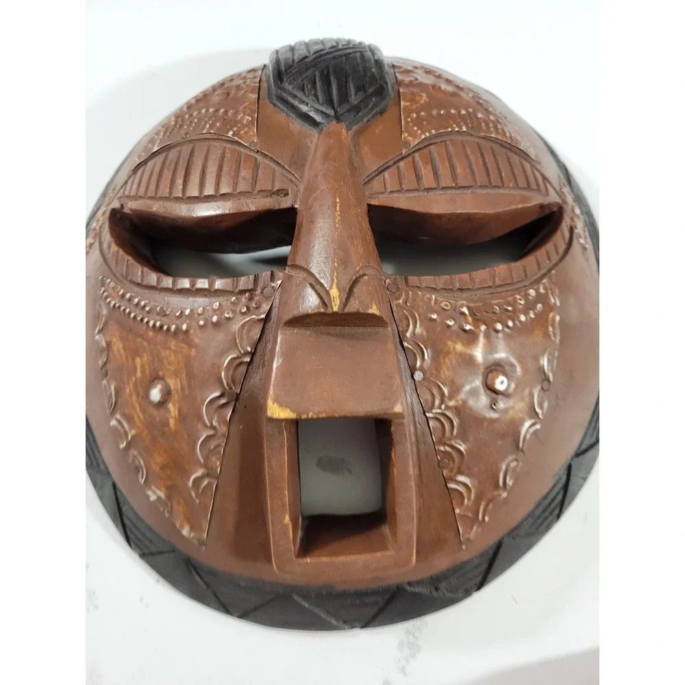 African Wooden Tribal Mask Round Face Black Brown Ghana Souvenir Wall Decor 11